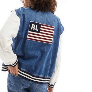 Ralph Lauren Denim Bomber Jacket With Flag And Logo Design